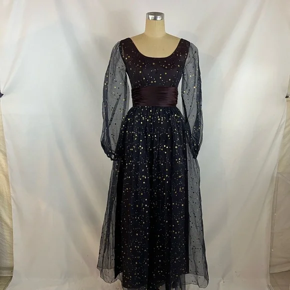 Vintage 50s Maxi Dress Navy & Gold Polka Dot Formal Gown XS/S - Picture 6 of 13
